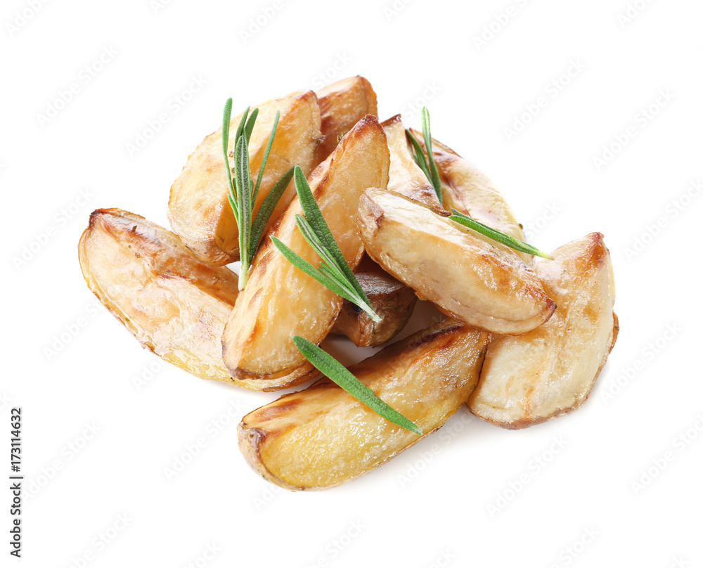 Delicious baked potatoes with rosemary, isolated on white Delicious baked potatoes with rosemary, isolated on white