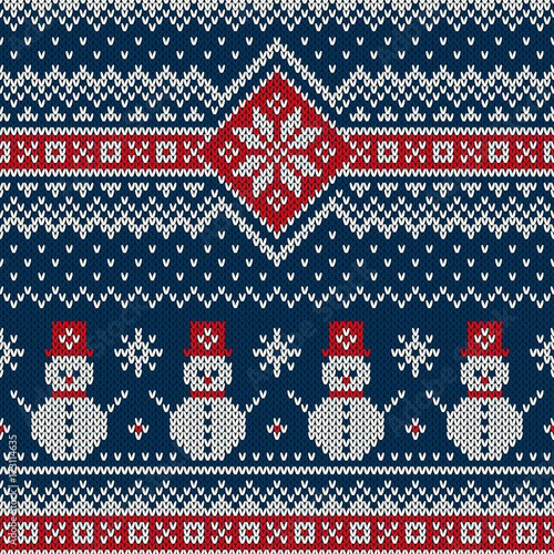 Winter Holiday Knitting Pattern with Snowman. Christmas and New Year Seamless Knitted Sweater Design