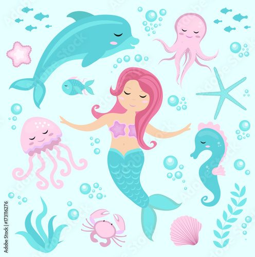 Murais de parede Cute set Little mermaid and underwater world