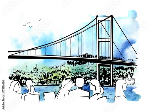 Hand drawn illustration with a famous landmark the Bosphorus Bridge in Istanbul, Turkey, and silhouettes of people eating in a cafe on white background. Ink sketch with bright watercolor background.