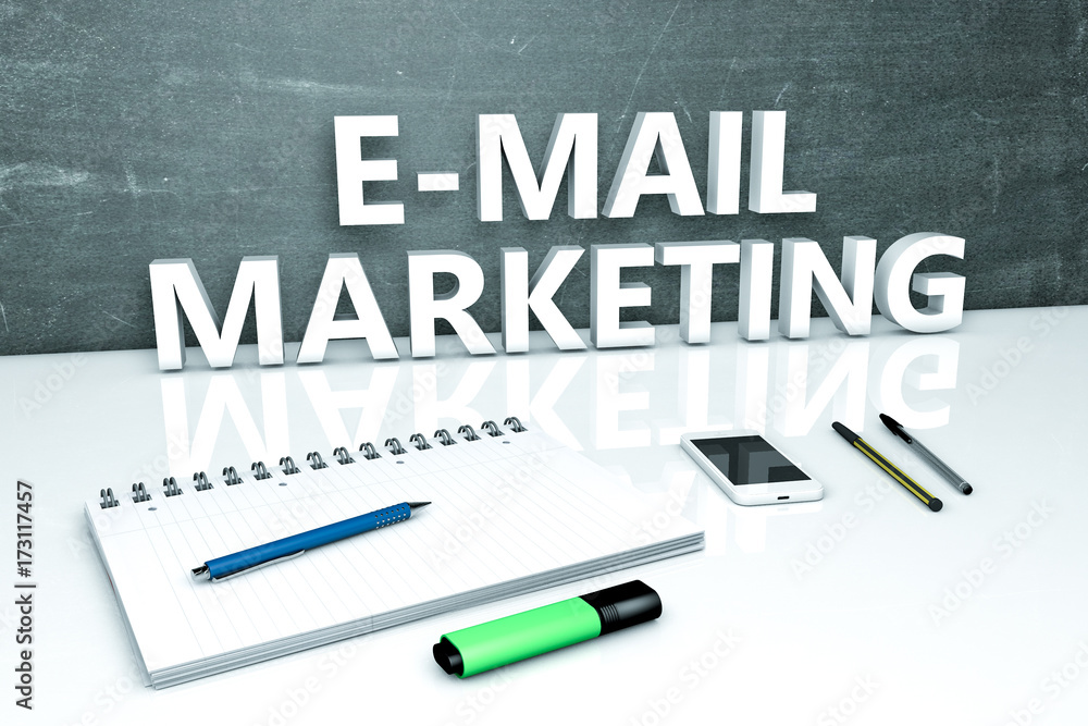 E-Mail Marketing - text concept with chalkboard, notebook, pens and mobile phone. 3D render illustration. E-Mail Marketing - text concept with chalkboard, notebook, pens and mobile phone. 3D render illustration.