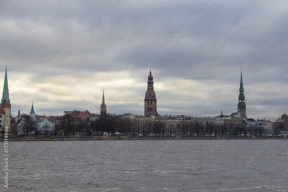 Panorama view of Riga, Latvia  and its churches in early spring with overcast sky