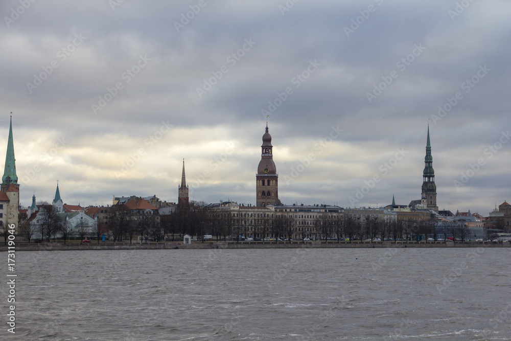 Panorama view of Riga, Latvia and its churches in early spring with overcast sky Panorama view of Riga, Latvia and its churches in early spring with overcast sky