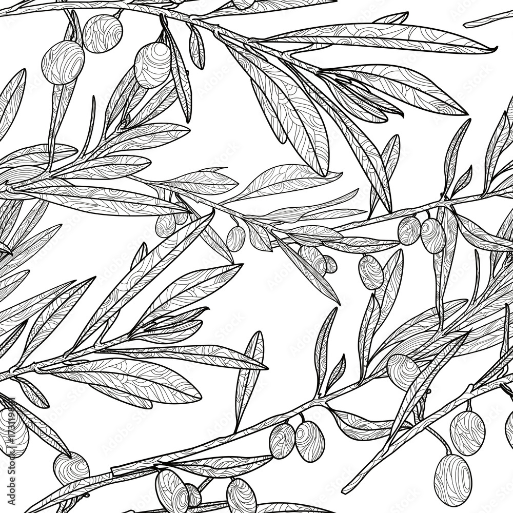 Vector olive branch seamless pattern. Black and white background with ...