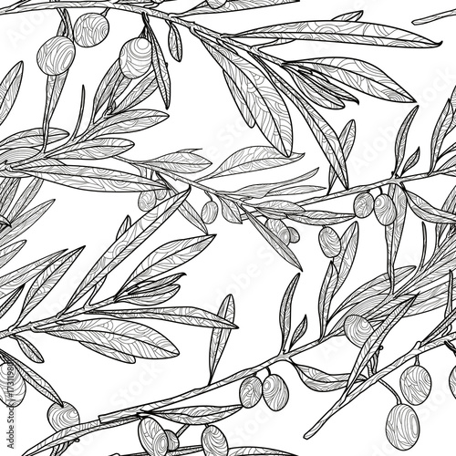 Vector olive branch seamless pattern. Black and white background with hand dr...