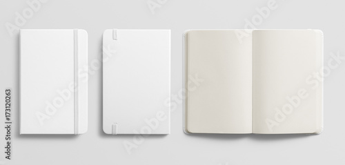Blank photorealistic notebook mockup on light grey background. 
