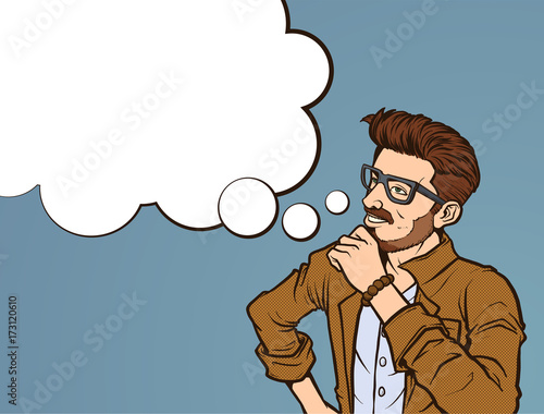 Retro pop art illustration of a hipster millennial thinking. Some elements on separate layers. 
