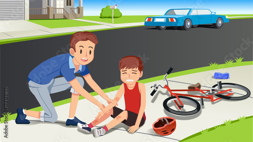Helping children after a bicycle accident. Caring for kids. First aid with family. Paying attention to people around.
