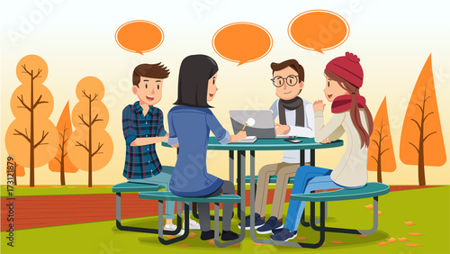 Group meeting in a outdoor and autumn. relax concept. Friendship at every opportunity situation. Best environmental school.