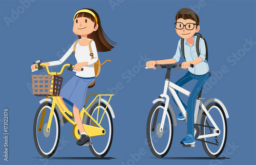 Traveling with a simple vehicle. Cycling on weekdays. Bicycle concept character design. Going to school by yourself.