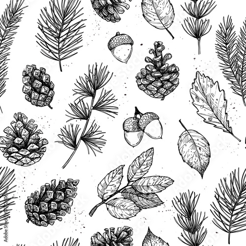 Seamless pattern. Hand drawn vector illustrations - Forest Autumn collection. Spruce branches, pine cones, fall leaves. Design elements for invitations, greeting cards, quotes, blogs, posters, prints