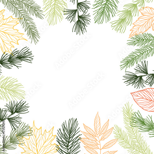 Hand drawn vector illustration - Autumn frame. Forest Spruce branches and fall leaves. Design elements for invitations, greeting cards, quotes, blogs, posters, prints