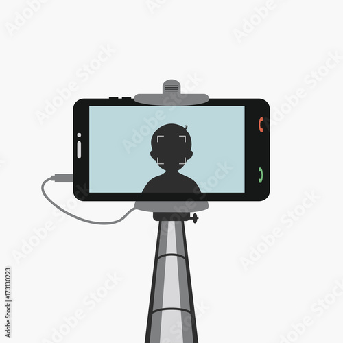 Phone in monopod selfie. Smartphone with the silhouette of a man on the screen, photograph yourself. Vector illustration.