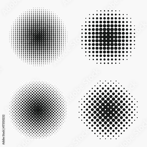 Circle halftone effects set. Monochrome dots semitone element. Vector illustration.