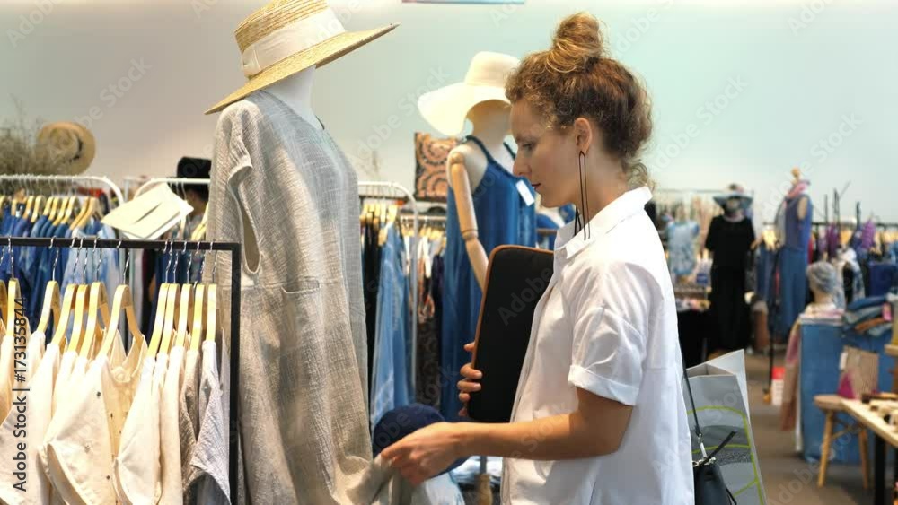 Smiling Female Shopper Choosing Clothes in Clothing Shop. 4K. Smiling Female Shopper Choosing Clothes in Clothing Shop. 4K.