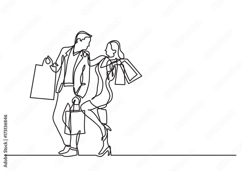 continuous line drawing of man and woman shopping with bags continuous line drawing of man and woman shopping with bags
