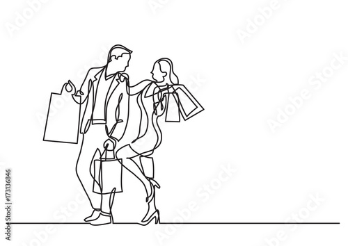 continuous line drawing of man and woman shopping with bags