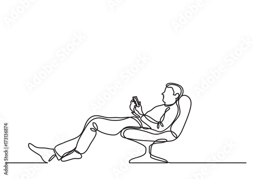 continuous line drawing of man relaxing in chair with his mobile phone
