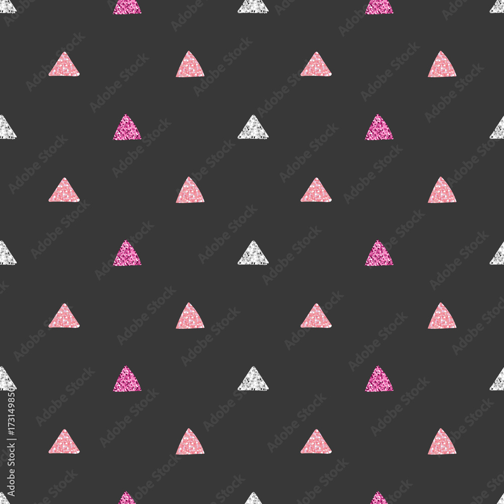 seamless pink and silver glitter triangle symbol pattern on white background seamless pink and silver glitter triangle symbol pattern on white background