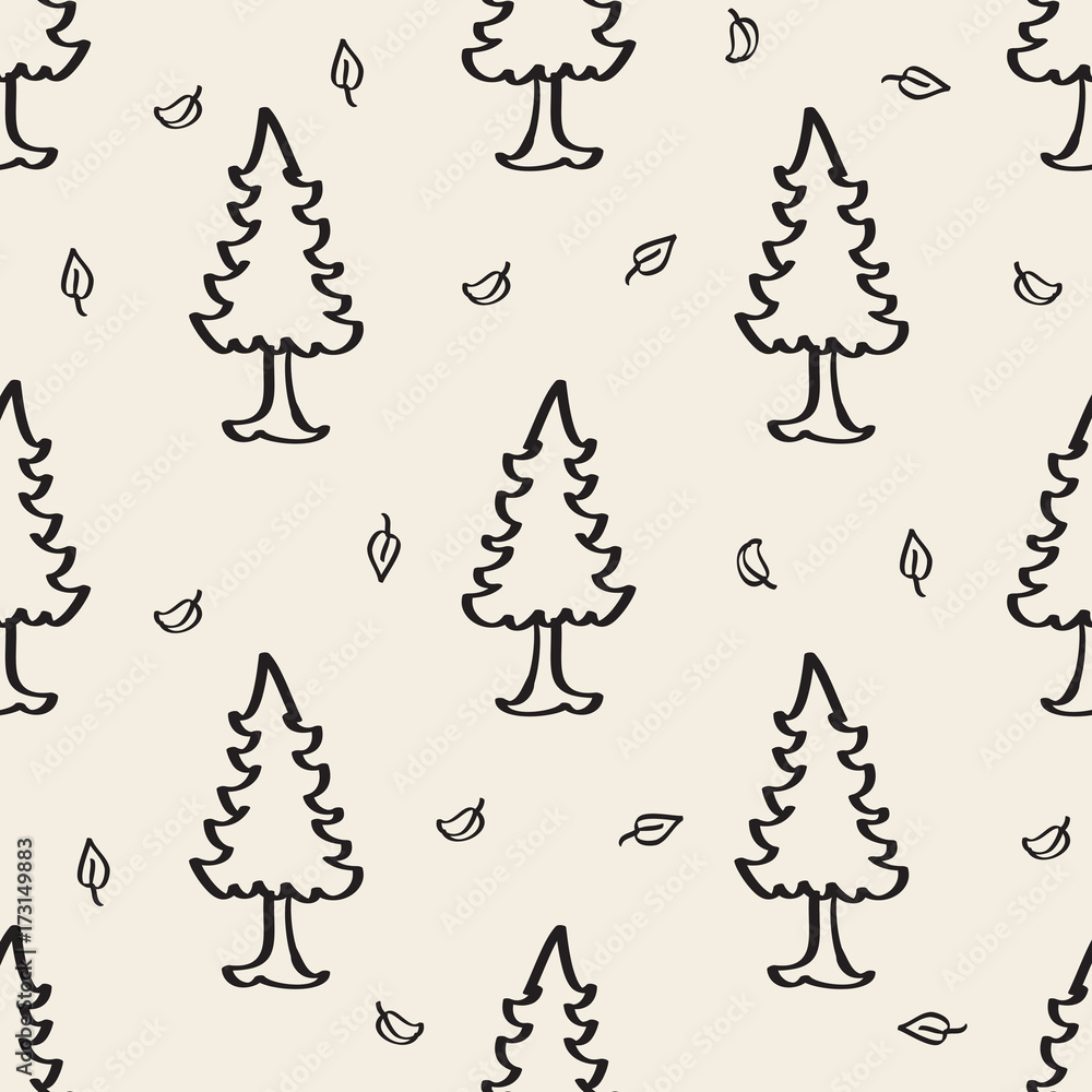 Obraz premium seamless monochrome hand drawn pine tree pattern background