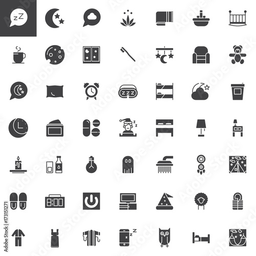 Sleep time vector icons set, modern solid symbol collection, filled pictogram pack. Signs, logo illustration. Set includes icons as bed, dream, night, moon, star, pillow, pajamas, slippers