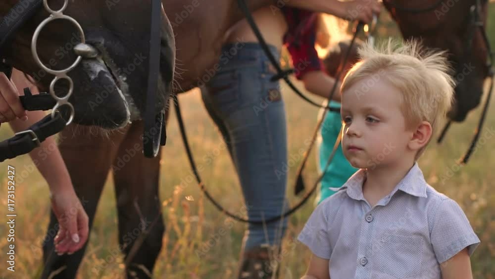 Close-up of mother and son feeding a horse apples and bread in a field in the countryside. Close-up of mother and son feeding a horse apples and bread in a field in the countryside.