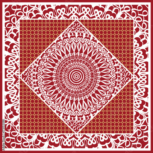 Design of Scarf with Mandala Flower Pattern. Vector illustration. Red color. For Print Bandana, Shawl, Carpet photo