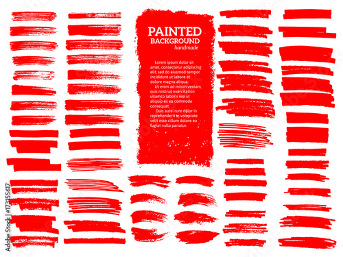 Painted grunge stripes set. Red  labels, background, paint texture. Brush strokes vector. Handmade design elements.