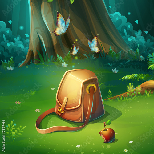 Vector cartoon illustration of background forest glade with bag