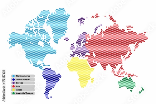 Hexagon shape world map continent in a different color, vector illustration.