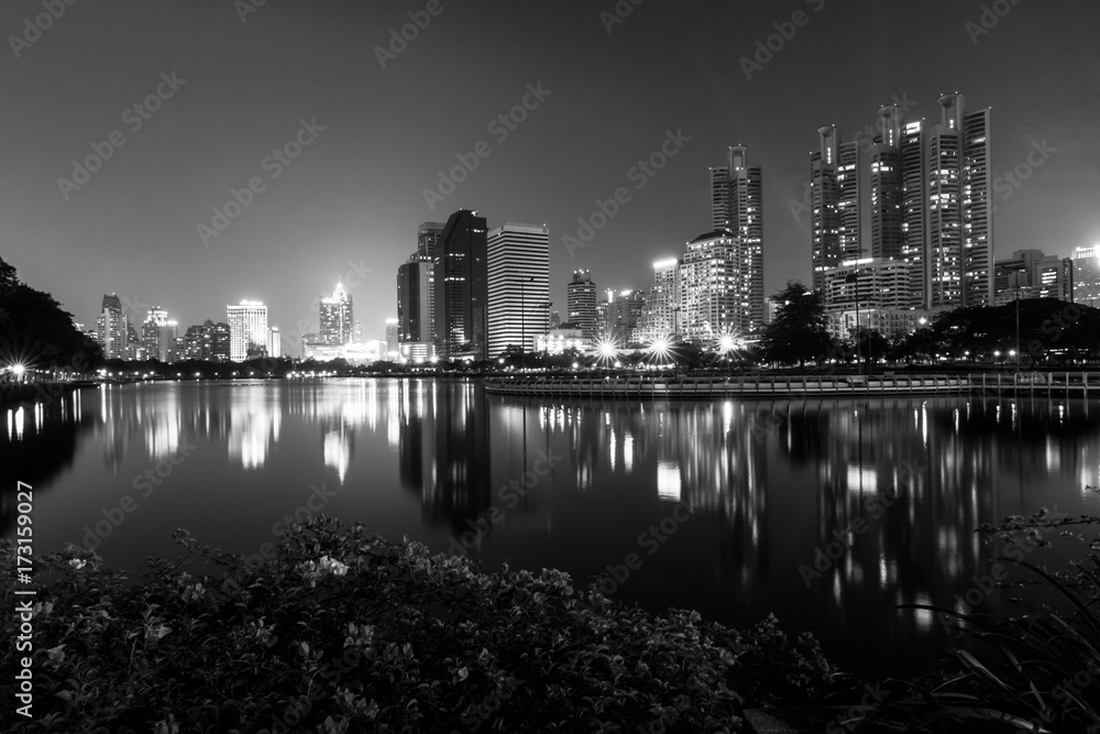 Cityscape of Benchakitti Park in Thailand, black and white.
