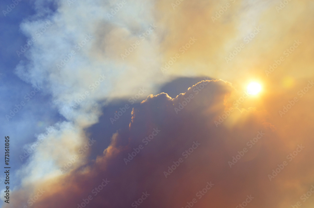 Bushfire smoke rising into the sky and blocking the sun. Natural disaster, danger and apocalypse concepts.