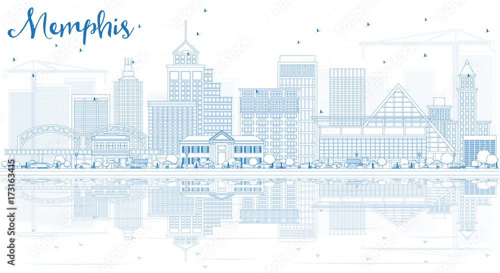 Outline Memphis Skyline with Blue Buildings and Reflections.