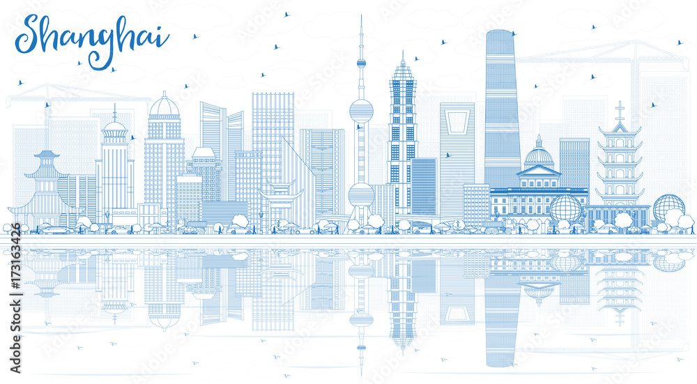 Outline Shanghai Skyline with Blue Buildings and Reflections.