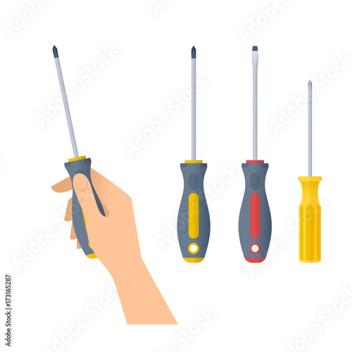 Human hand holds screwdriver. Flat illustration of male hand with builder and construction tool and screwdrivers with cross and flat heads. Vector design element set isolated on white background.