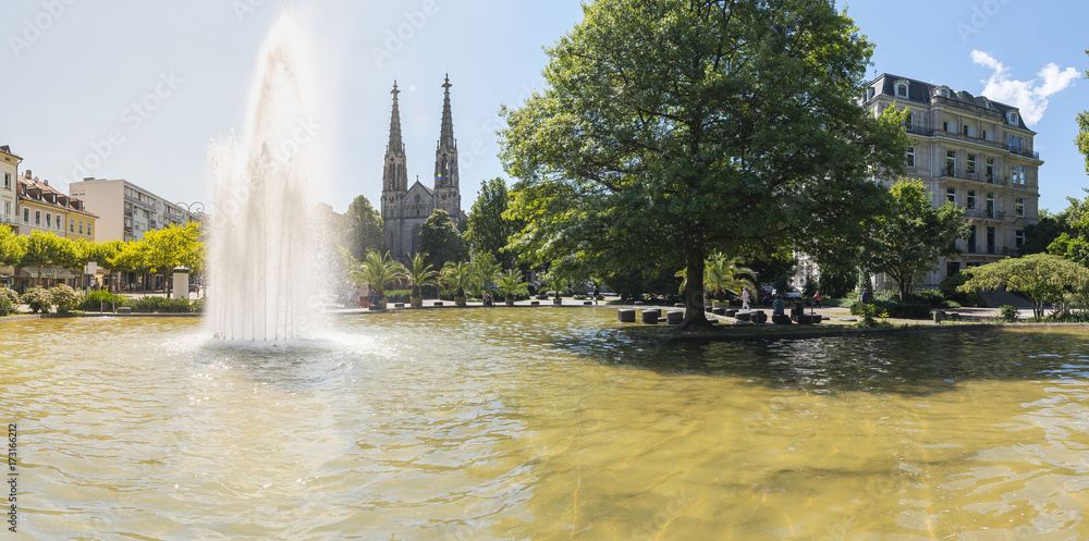 Panoramic image of Augustaplatz fountain in Baden-Baden, Germany