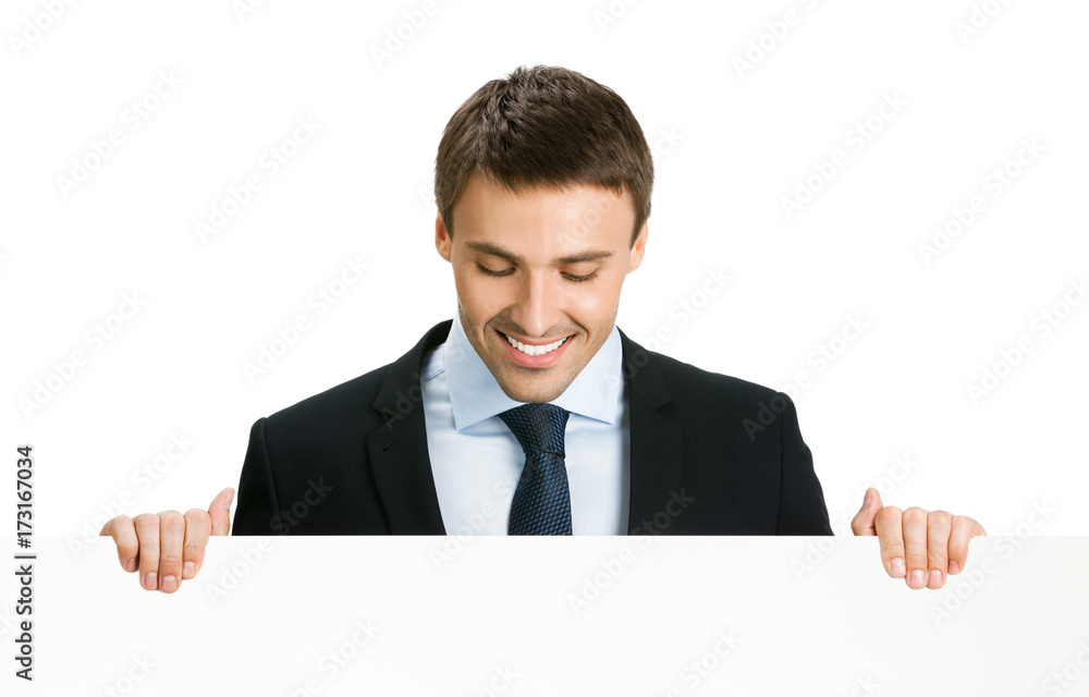 Businessman showing blank signboard, isolated Businessman showing blank signboard, isolated