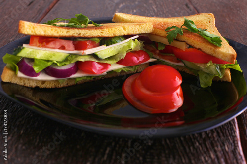 Vegetarian sandwich with tomato on a black plate photo