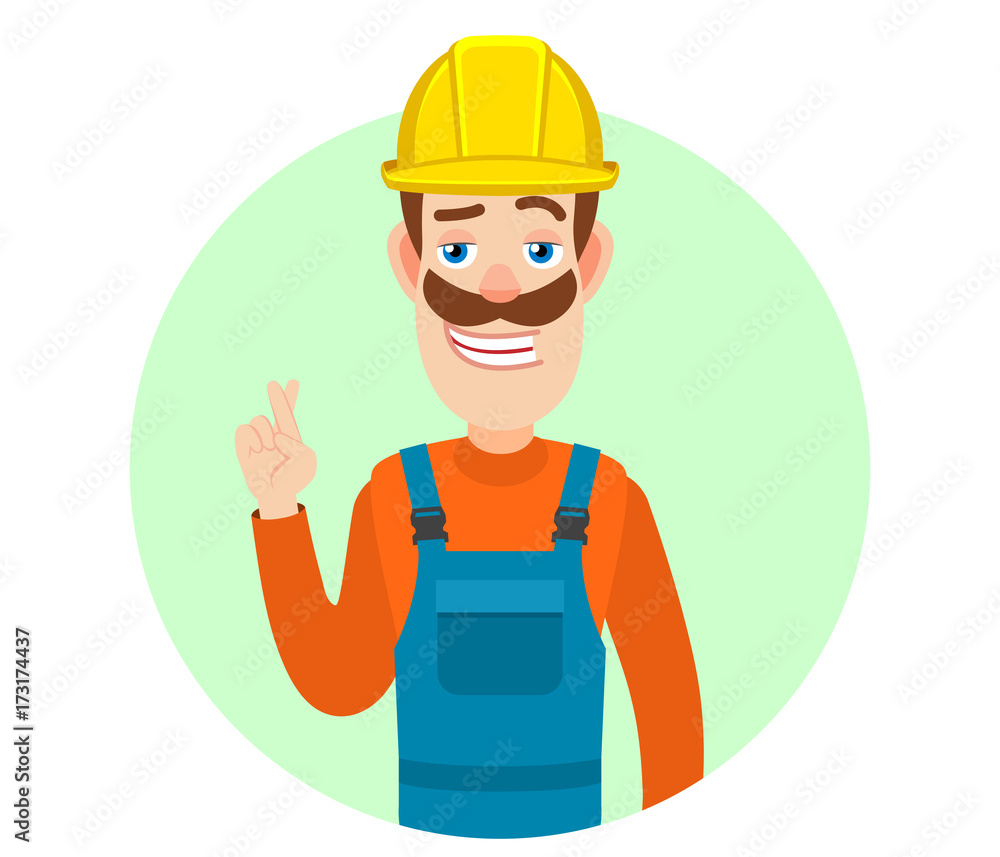 Builder with crossed fingers Builder with crossed fingers