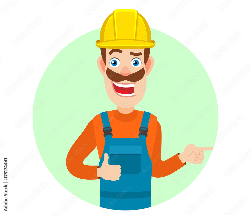 Builder showing thumb up and pointing something beside of him Builder showing thumb up and pointing something beside of him