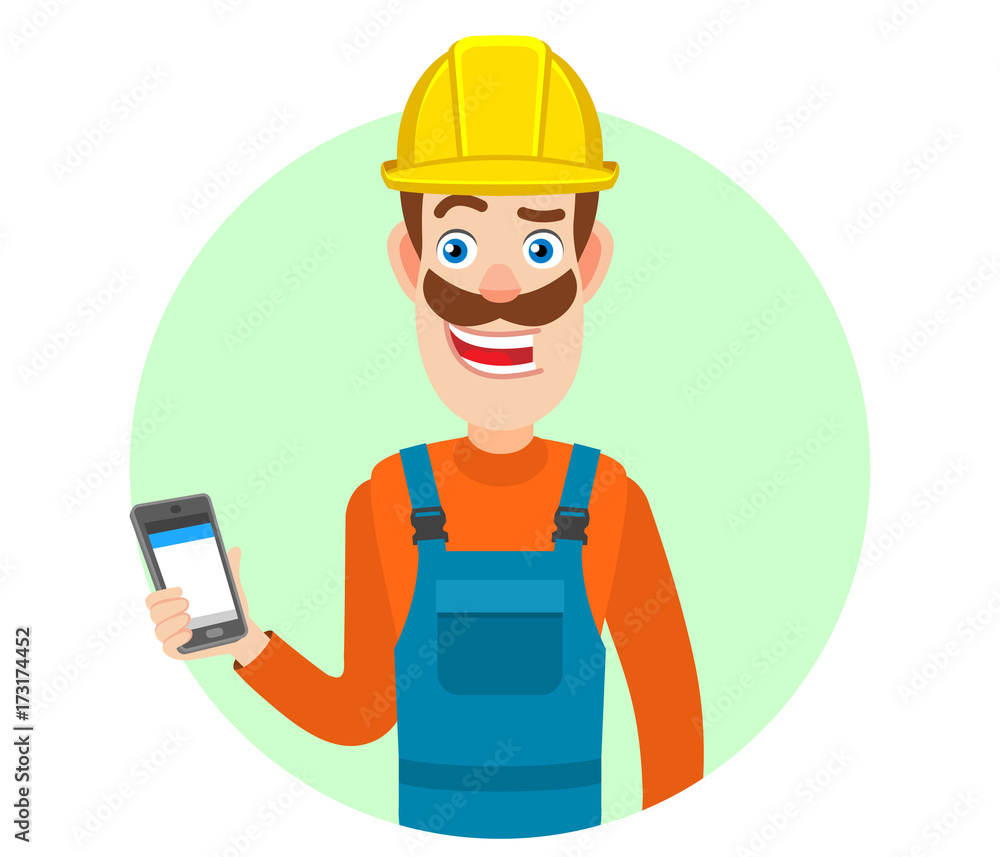 Builder holding mobile phone in hand Builder holding mobile phone in hand