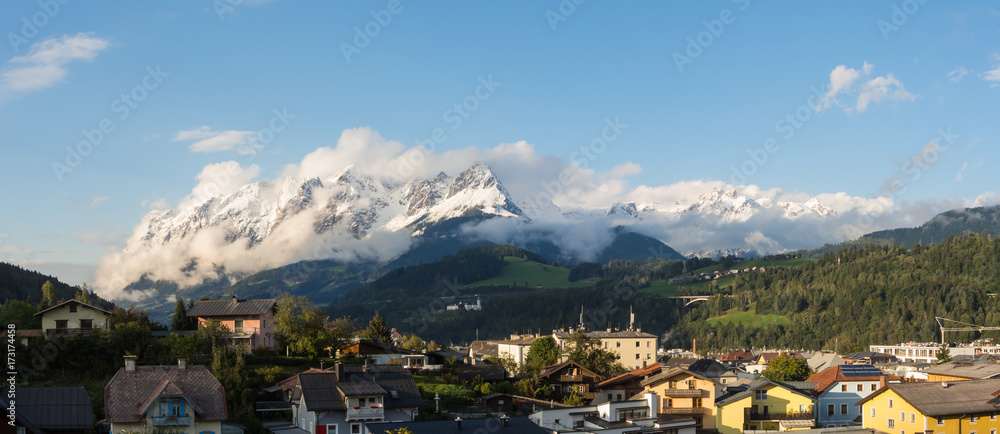 Bischofshofen, Pongau, Salzburger Land, Austria, landscape on the city and the alps. Fresh snow at the begin of Autumn