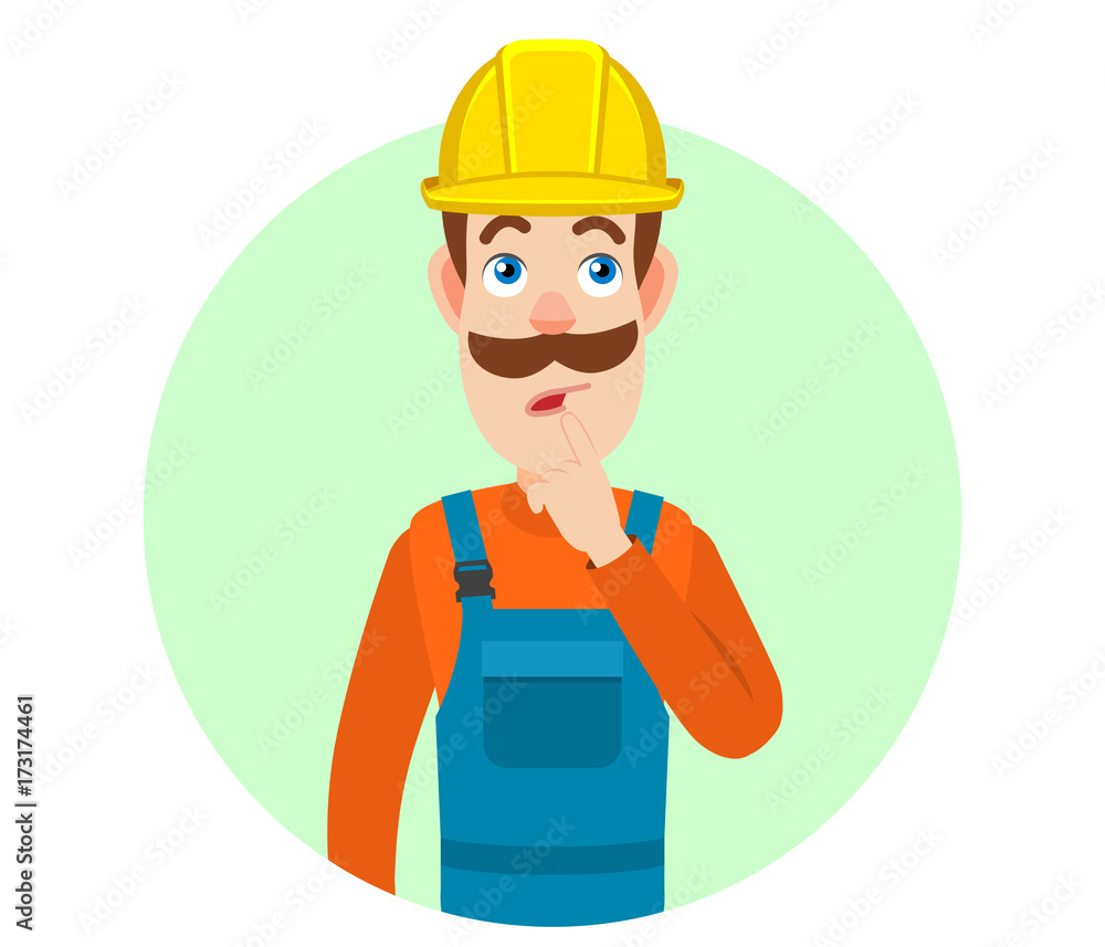 Builder standing with his finger to his lips Builder standing with his finger to his lips