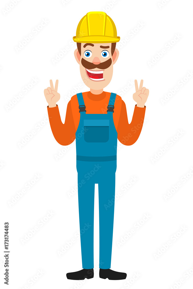 Builder showing victory hand sign or quotes hand sign Builder showing victory hand sign or quotes hand sign