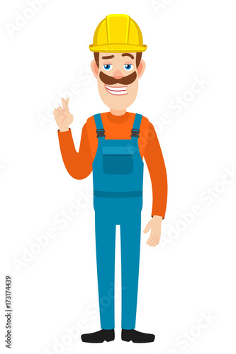 Builder with crossed fingers