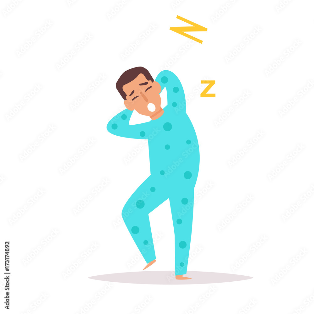 Man yawns and stretches. Vector. Cartoon.