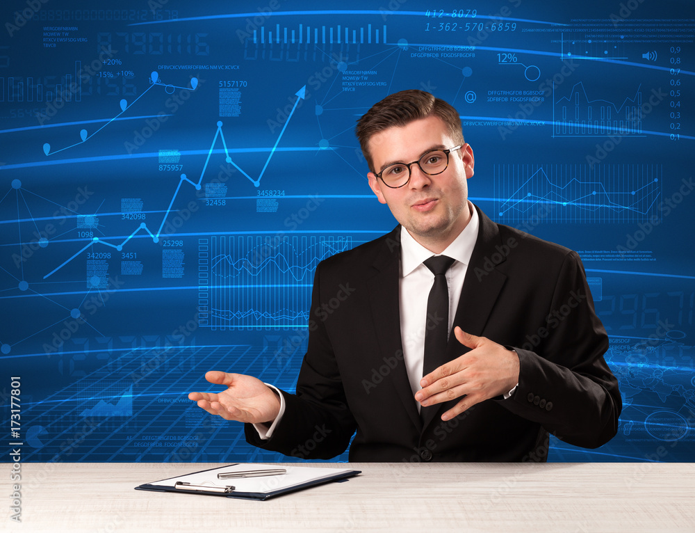 Stock data analyst in studio giving adivce on blue chart background Stock data analyst in studio giving adivce on blue chart background