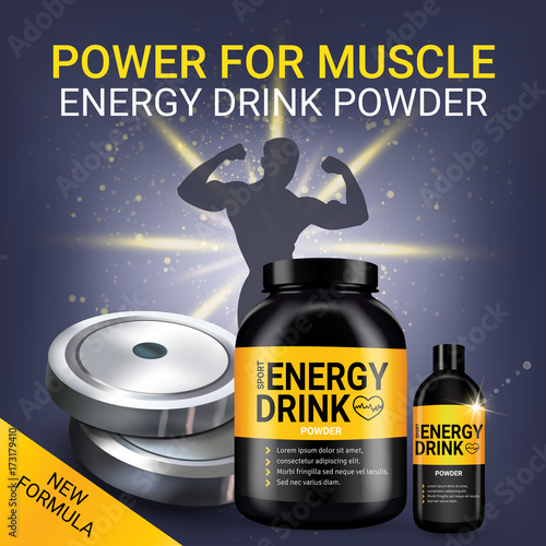 Energy drink ads. Vector realistic illustration of cans with energy drink powder.