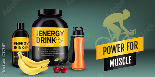 Energy drink ads. Vector realistic illustration of shaker and cans with energy drink powder with cherry and banana flavor.