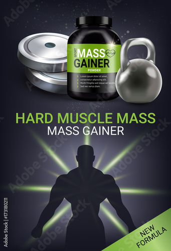 Mass gainer ads. Vector realistic illustration of cans with mass gainer powder.